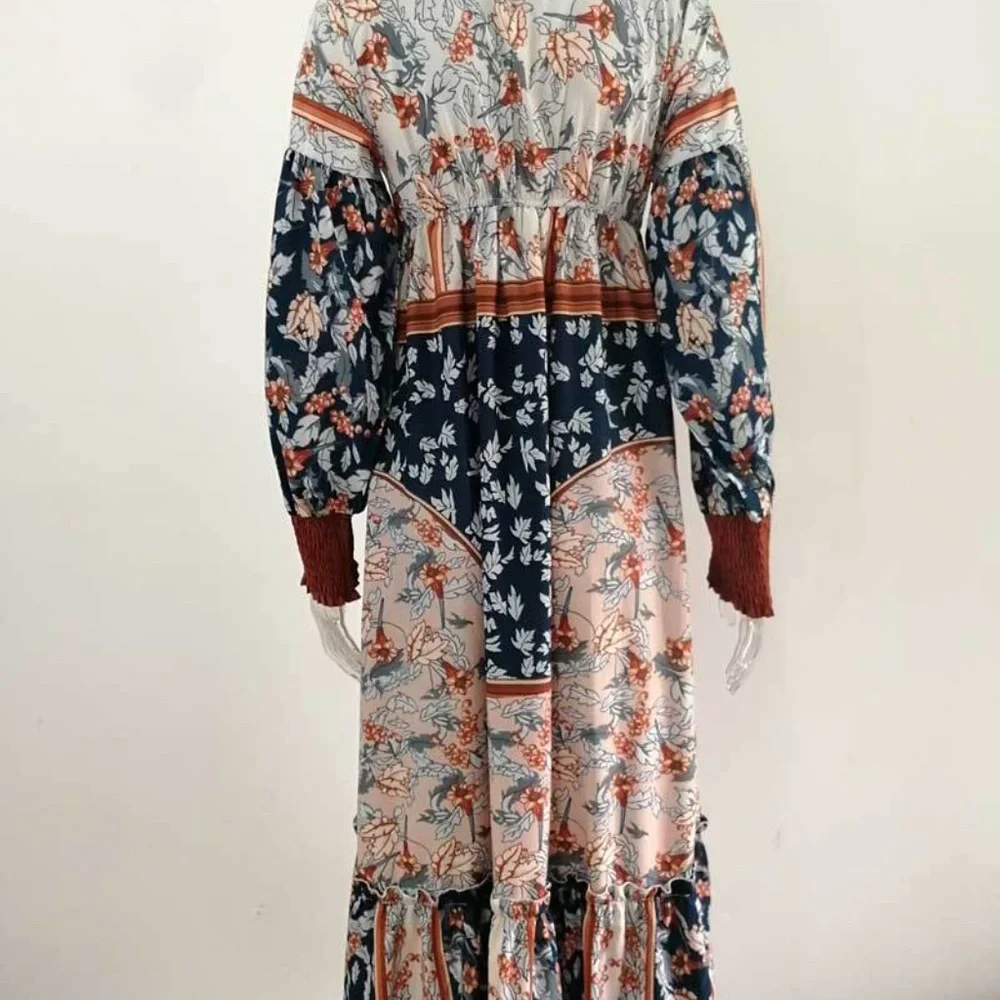 Bohemian Blue Brown Floral Print Midi Dress - Picture 5 of 6